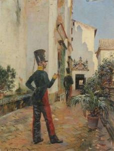 Militaire Dans Une Rue Espagnole. Oil Painting by Maurice Henri Orange