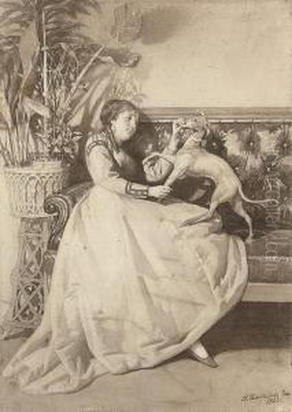 Lady Playing With Her Dog Oil Painting by Nikolai Dmitrievich Dmitriev-Orenburgsky