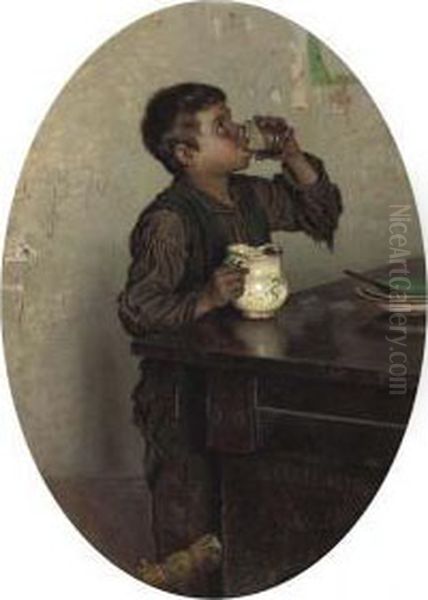 A Cheeky Drink Oil Painting by Orfeo Orfei