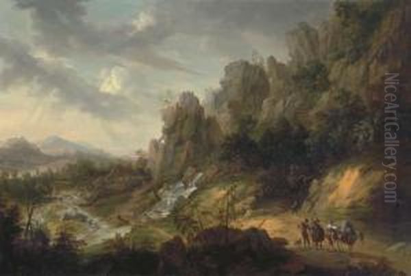 An Extensive, Rocky Landscape With Travellers On A Path Near A Waterfall Oil Painting by Josef Orient