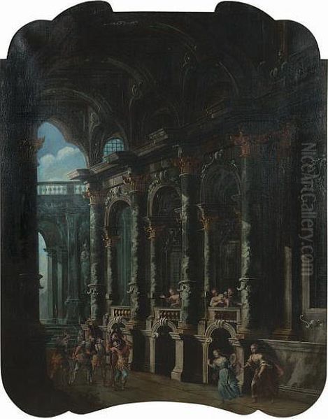 An Architectural Capriccio Of The Interior Of A Palace With The Judgement Of Paris; And An Architectural Capriccio With Soldiers Entering A Palace Oil Painting by Stefano Orlandi