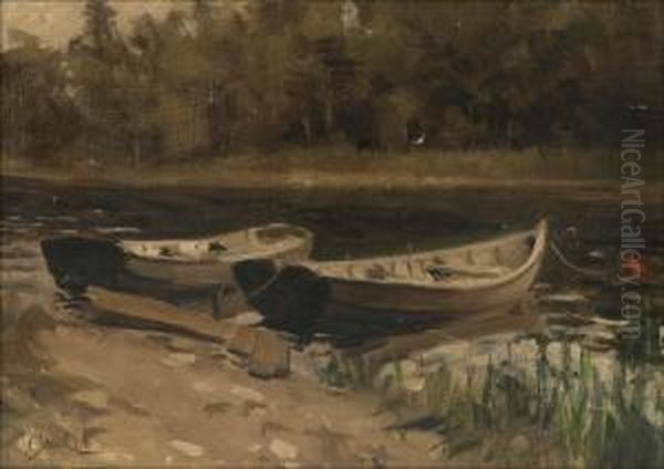 Boats By The Bank. Oil Painting by Vladimir Donatovich Orlovskii