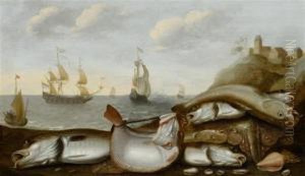 Catch Of The Day With Ships In The Background Oil Painting by Willem Ormea