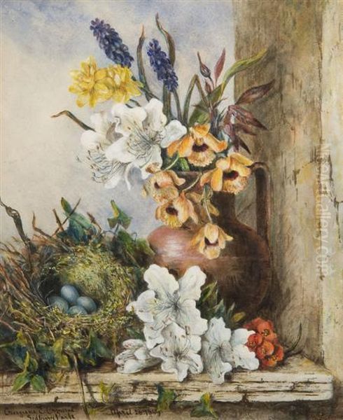 A Still Life Of Flowers And A Bird's Nest Oil Painting by Georgiana E. Ormrod