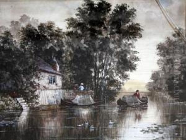 Cottage By A River With Man In A Boat Oil Painting by James Orrock