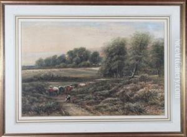 Grovers With Cows In A Wooded Landscape Oil Painting by James Orrock