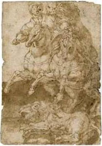 A Horseman Attacked By Lions Oil Painting by Lelio Orsi