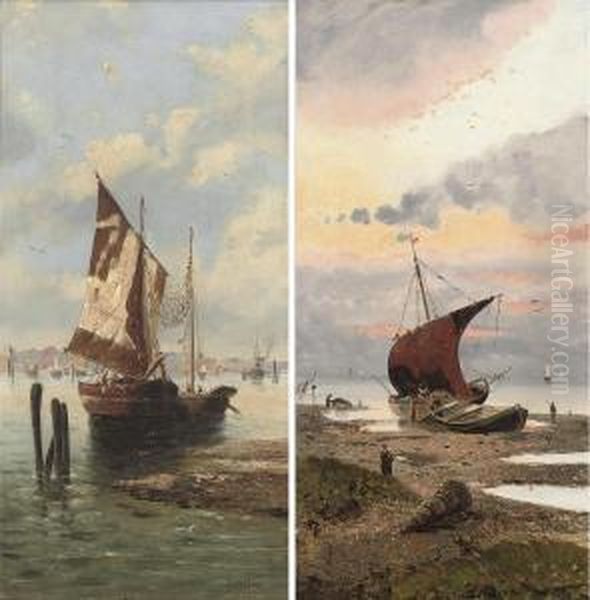 Fishing Boats On The Venetian Coast Oil Painting by Giustinia Orsini