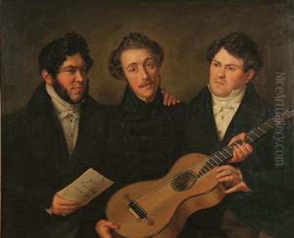 Three Men With Guitar--1835 Oil Painting by Benjamin Orth