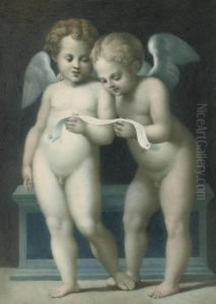 Two Putti Reading A Scroll Of Music Oil Painting by Nicola Ortis