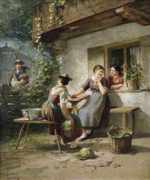 A Country Woman Dumbfounded By A Cavalier With Flowers. Oil Painting by Friedrich Ortlieb