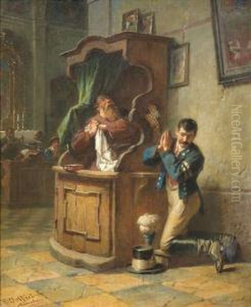 The Confession Of A Postillion. Oil/canvas, Signed And Inscribed Oil Painting by Friedrich Ortlieb