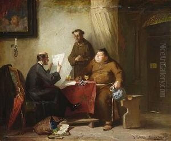 Ein Priester Und Zwei Monche Beim
 Zeitungsstudium. Oil Painting by Friedrich Ortlieb