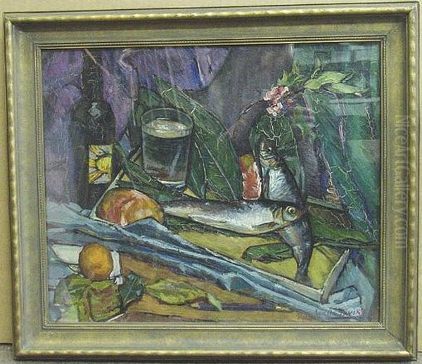 Still Life Sardines, Wine And Fruit Upon A Table Oil Painting by Sam Ostrowsky