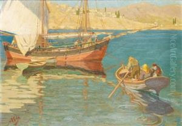 Boats Oil Painting by Nicholaos Othoneos