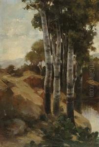 Trees By The River Oil Painting by Nicholaos Othoneos