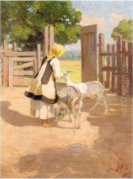 Feeding The Goats Oil Painting by Nicholaos Othoneos