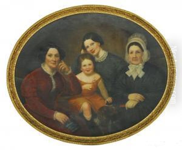 Portrait Of Three Women, A Young Girl And Their Spaniel Oil Painting by Bass Otis