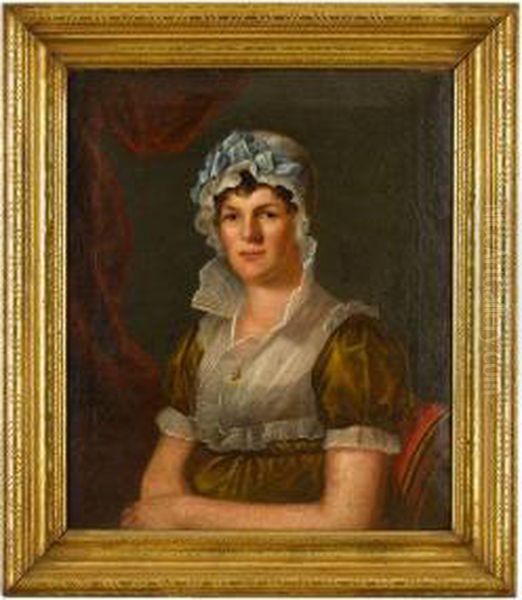 Seated Woman In Lace Cap With Blue Ribbon In Olive Coloreddress Oil Painting by Bass Otis