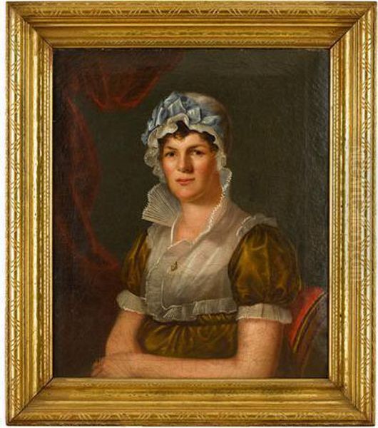 Seated Woman In Lace Cap With Blue Ribbon In Olive Colored Dress Oil Painting by Bass Otis