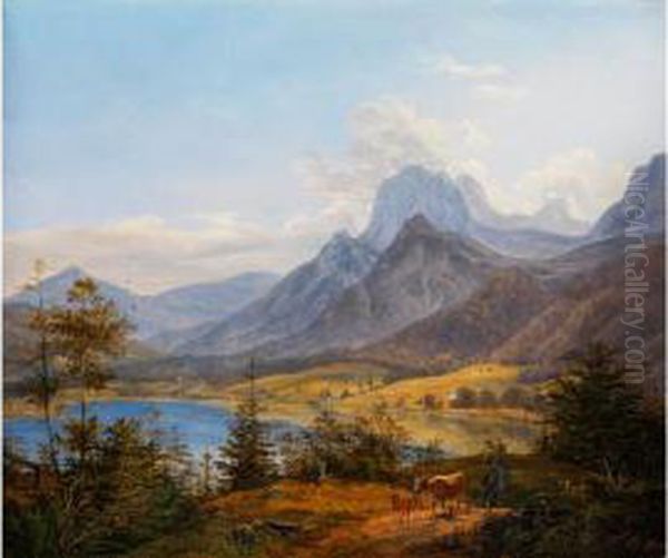 Der Hintersee Bei Berchtesgaden Oil Painting by Johann Nepomuk Ott