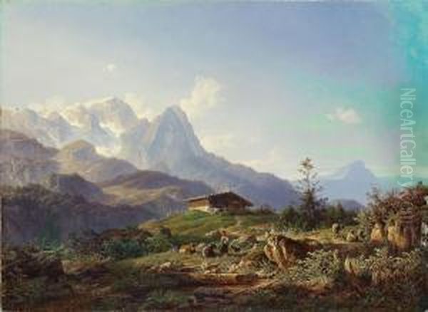 Alpenlandschaft Mit Hirtin Und Vieh Oil Painting by Johann Nepomuk Ott