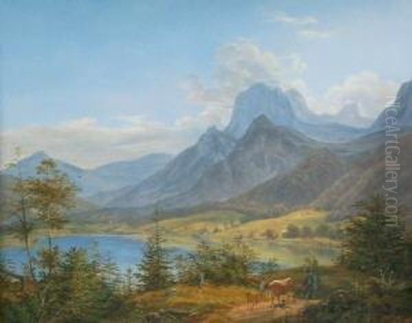 Gebirgslandschaft Mit See, Im Vordergrund Ein Hirte Mit Rindern Und Hund Oil Painting by Johann Nepomuk Ott