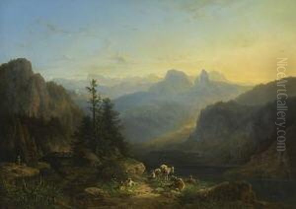 Abendliche
 Gebirgslandschaft. Oil Painting by Johann Nepomuk Ott