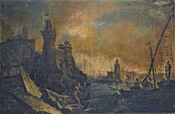 Veduta Fantastica Di Porto Con Figure Oil Painting by Gaetano Ottani