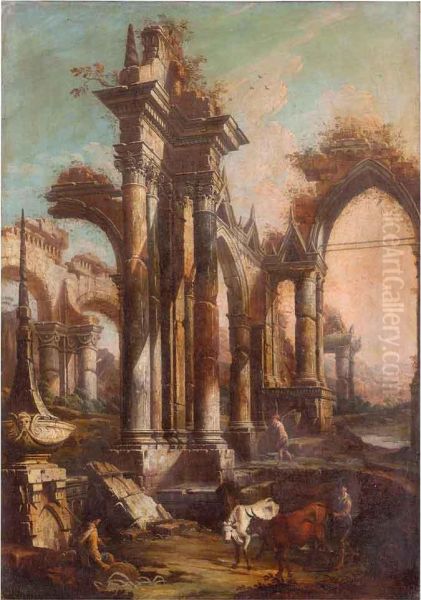 Capriccio Architettonico Con Pastori E Armenti Oil Painting by Gaetano Ottani