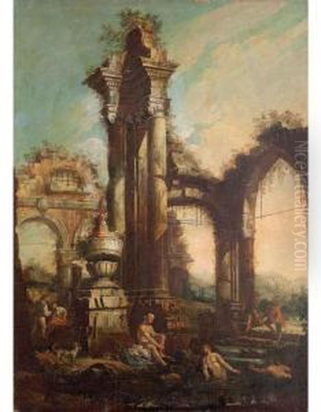 Capriccio Architettonico Con Bagnanti Oil Painting by Gaetano Ottani