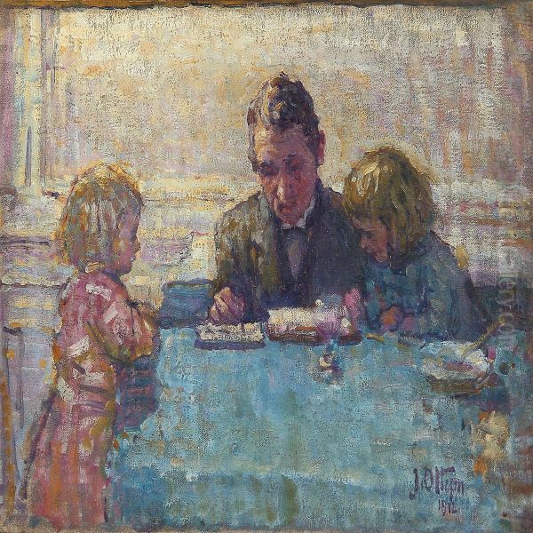 Interior With A Father And Two Daughters Around A Table Oil Painting by Johannes Ottesen