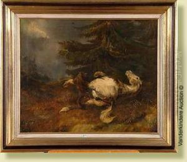 Cheval Attaque Par Un Loup Oil Painting by August Ferdinand Ottevaere