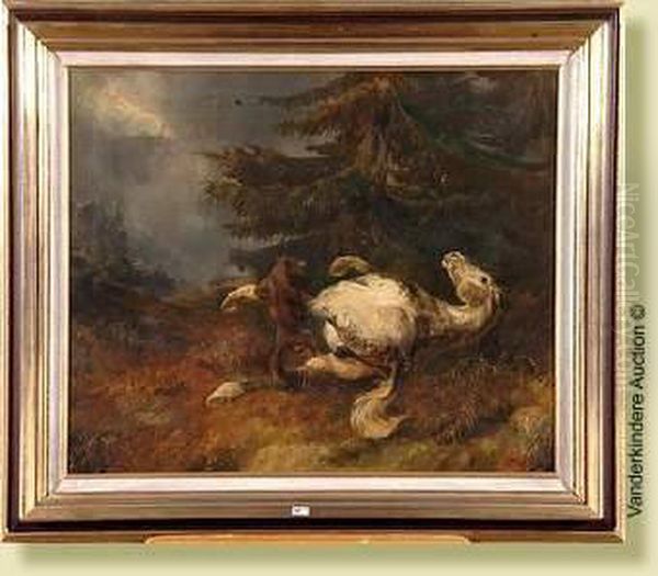 Cheval Attaque Par Un Loup Oil Painting by August Ferdinand Ottevaere