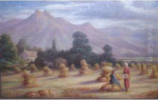 Haystacks And Mountains Oil Painting by George Martin Ottinger