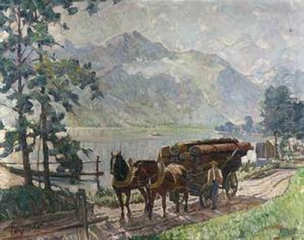 Holzfuhrwerk Am Alpenseeufer Oil Painting by Alfred Otto