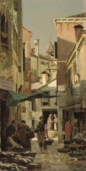 Market At The Corner Of Calle Crosera And Campiello Pescheria, Venice Oil Painting by Ruppert Otto Von