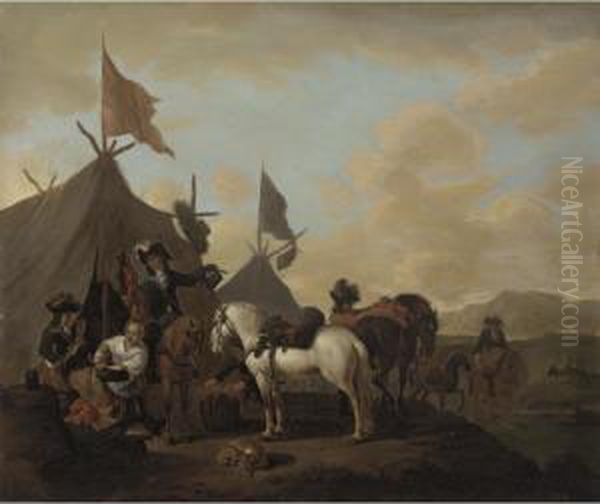 A Military Encampment With Soldiers Carousing Before A Tent Oil Painting by Evert Oudendijck