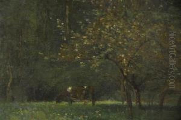 Cow In Pasture Oil Painting by Achille Francois Oudinot