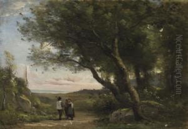 Deux Bergers Dans La Foret Oil Painting by Achille Francois Oudinot