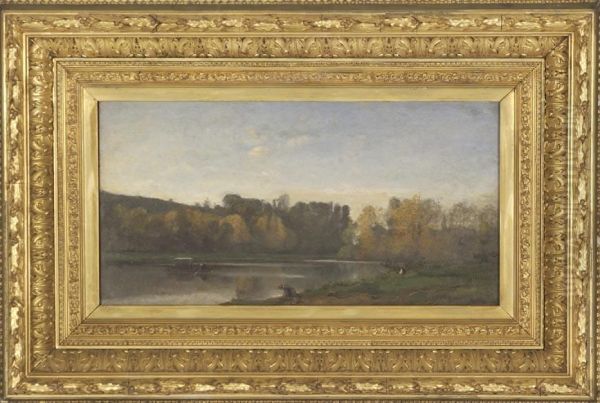 Autumn Riverlandscape With Boat And Washer Woman. Oil Painting by Achille Francois Oudinot