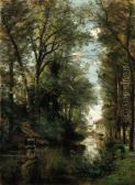 Figures Along A Wooded Canal
Oil On Canvas Oil Painting by Achille Francois Oudinot