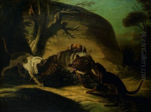 Une Hyene Attaquee Par Des Chiens Oil Painting by Jacques Charles Oudry