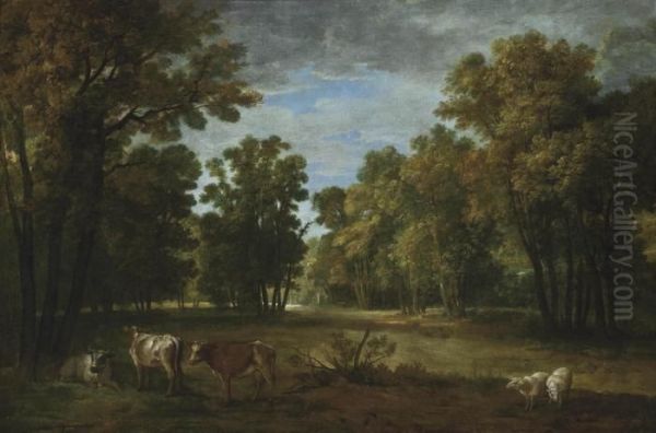 A Wooded Landscape With Cattle And Sheep, A Statue In The Clearing Beyond Oil Painting by Jean-Baptiste Oudry