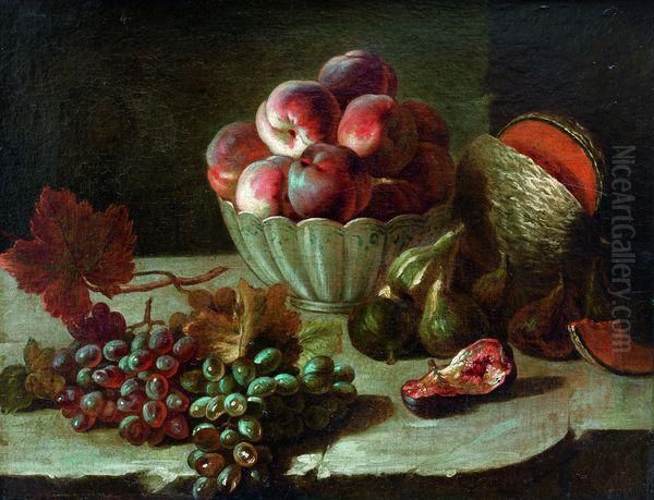 Nature Morte A La Coupe De Peches, Figues, Melons Et Raisins Sur Un Entablement Oil Painting by Jean-Baptiste Oudry