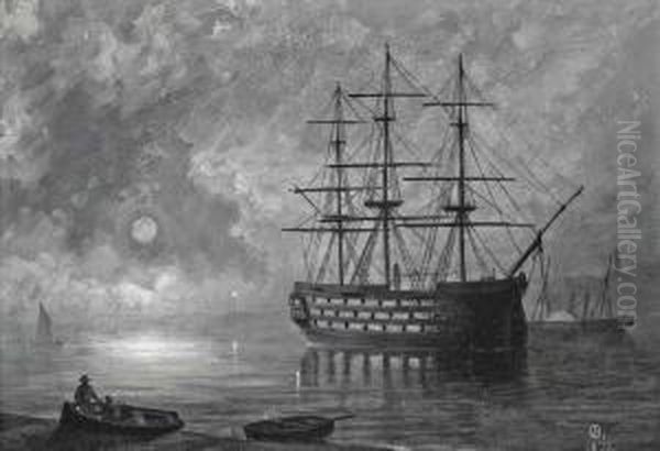 A Royal Navy Three-decker At Anchor By Moonlight, A Paddle Steamer Beyond Oil Painting by Philip John Ouless