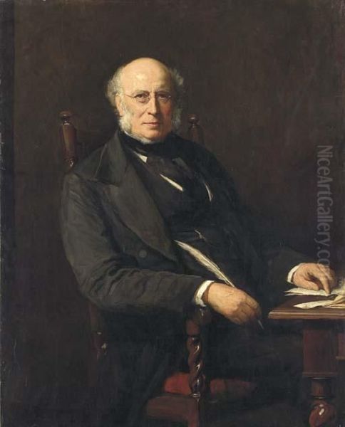 Portrait Of George William Lovell, Seated At His Desk,three-quarter Length Oil Painting by Walter William Ouless