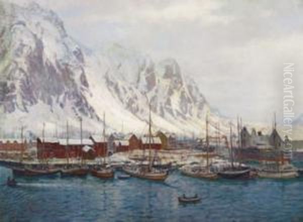 Winter In Svolvoer Harbour Oil Painting by Karl Ouren