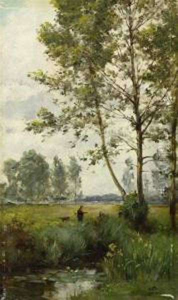 A River Landscape With Hunters And Dogs Oil Painting by Pierre Outin