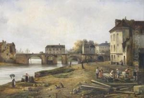 French Town Scene With Workers By A River Oil Painting by Pierre Justin Ouvrie